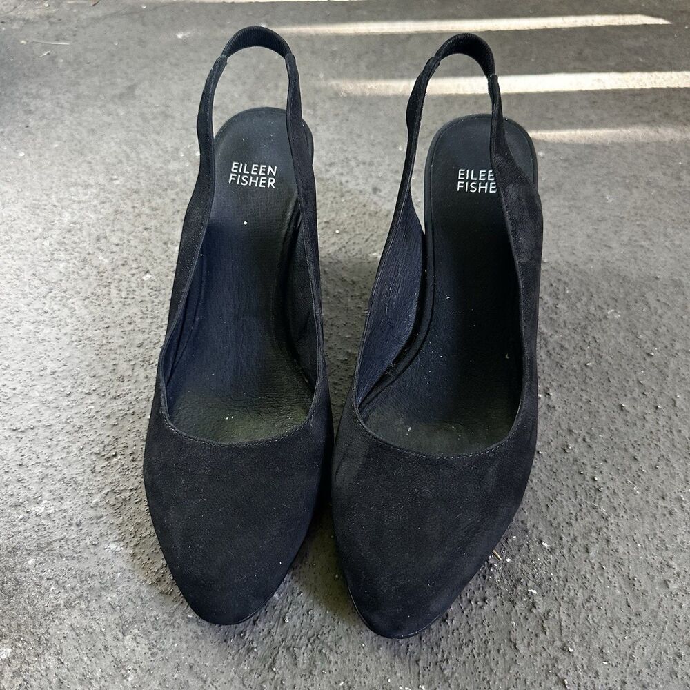 Eileen Fisher Milla Tumbled Nubuck Leather Slingback Pump | Black Size 8